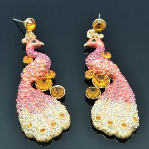 2015 Fashion Women Dangle Earring Vogue Pink Rhinestone Crystals Animal Peafowl Peacock Pierced Free Shipping FA3185 | Украшения и