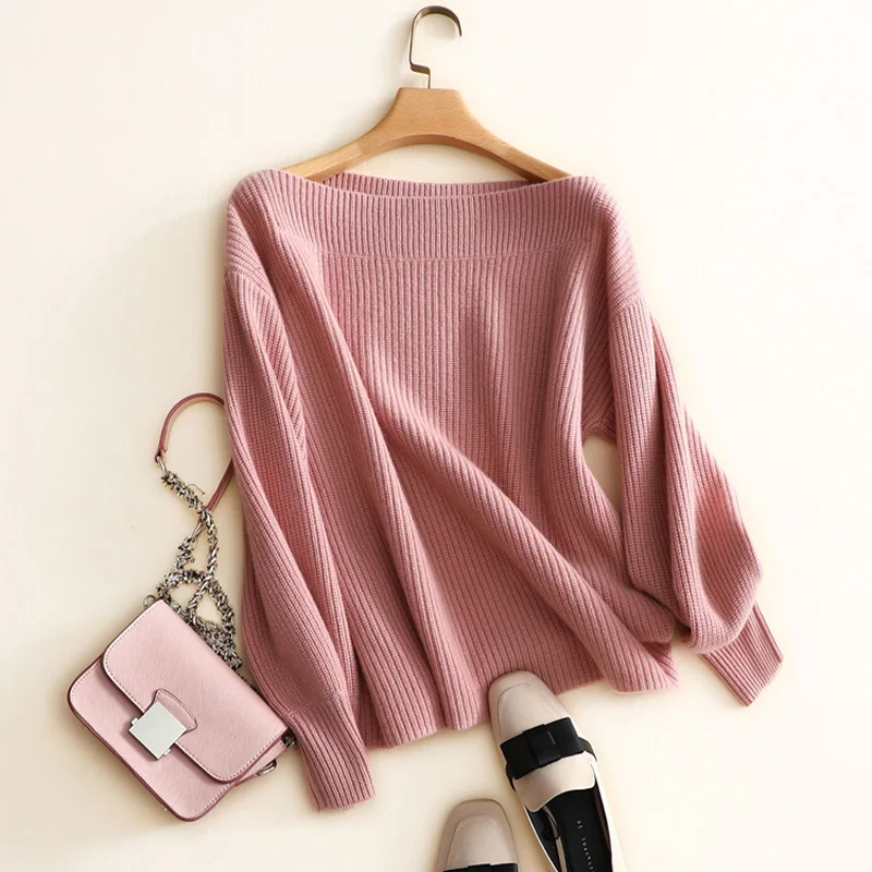 100% Cashmere Sweater Women Simple Design Slash Neck Drop-shoulder Long Sleeves 3 Colors Ladies Pullovers Knitwear 2018 Fashion | Женская