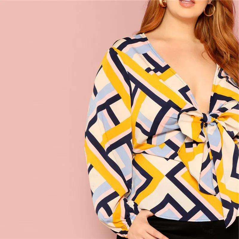 SHEIN Стильный Топ Размера Плюс С V-Образным Вырезом Женские Многоцветные Повседневные Блузки С Длинными Рукавами