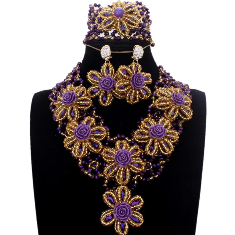 Purple AB Gold DODU украшения Ювелирный Комплект в индийском стиле темно-синий Цепочки и ожерелья набор с Коралловые бусы ювелирный набор для Для женщин свадебное платье набор - Окраска металла: Purple AB Gold
