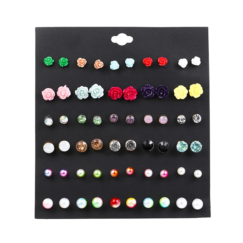 30 Pair/set Fashion Female Resin Acrylic Flower Earrings Set For Women Crystal Stud Earring Ladies Multicolor Pearl | Украшения и