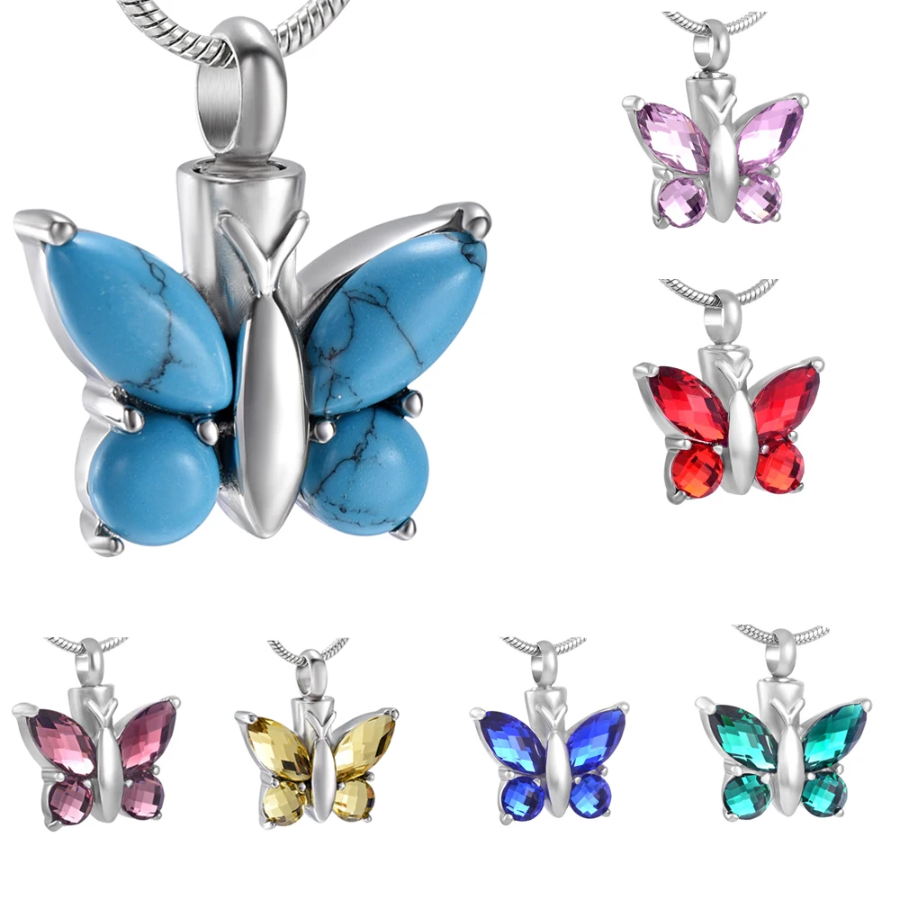 Crystal Butterfly Memorial Urn Necklace Stainless Steel Pendant Holder Ashes for Pet Human Keepsake Cremation Jewelry for Ahes