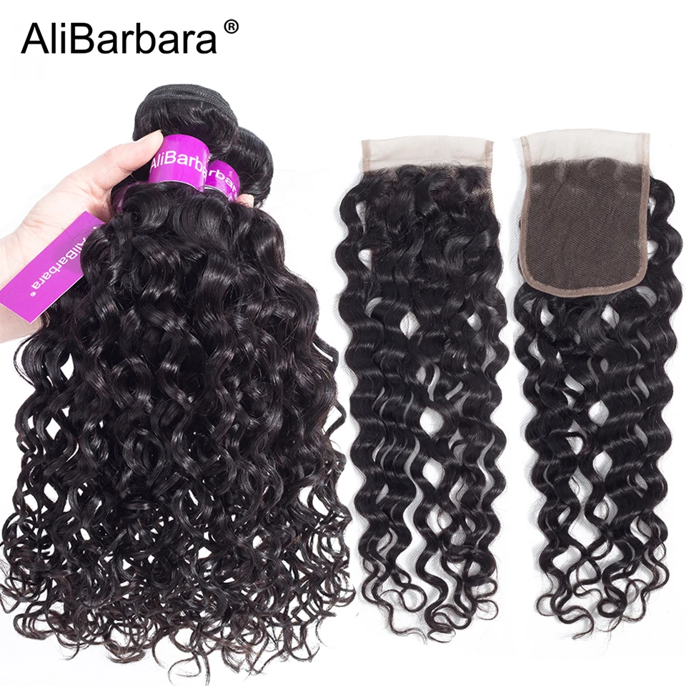 

Alibarbara Hair Malaysian Water Wave Hair Bundles with Closure Free part 4X4 lace closure with 3Bundle Remy Human Hair Weave