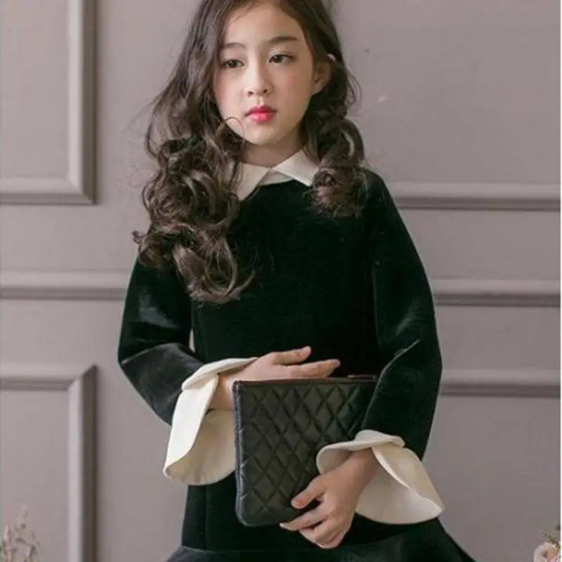 Autumn winter pompon dresses for girls flare sleeve design dress children patchwork clothing plus velvet thick kids wear 3-12Y | Детская