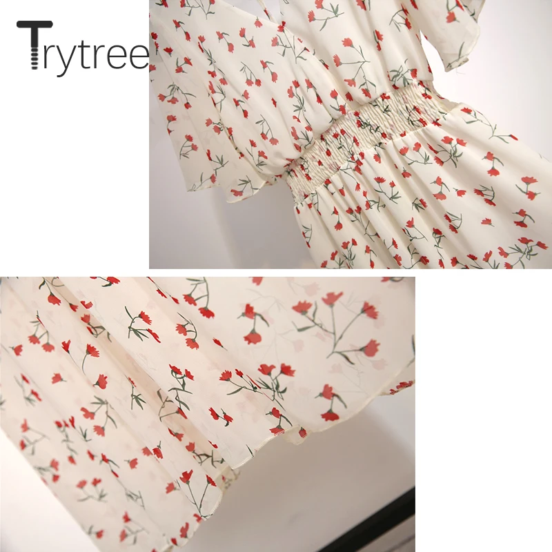 Trytree летнее осеннее Повседневное платье женское с цветочным принтом, с рукавом-бабочкой, с эластичной талией, платья с v-образным вырезом, ТРАПЕЦИЕВИДНОЕ ПЛАТЬЕ до середины икры