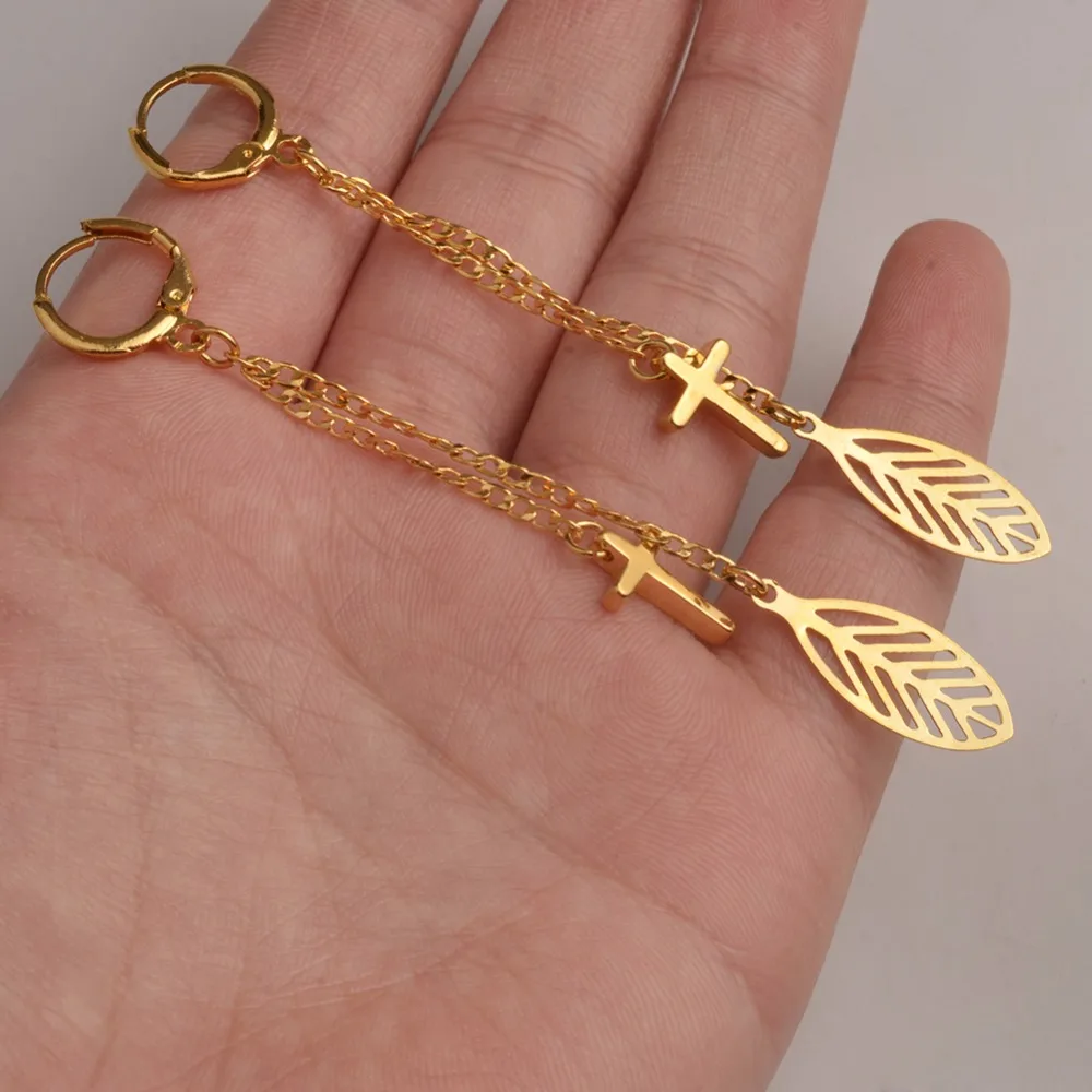 Женские серьги-подвески с листьями и крестом |