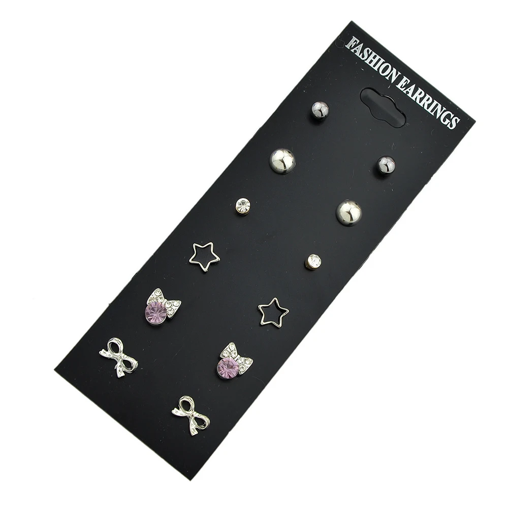 Kayshine 6 Pairs/Set Boho Chic Style Earrings Set Jewelry Silver Color With Rhinestone Star Bowknot Shape Stud | Украшения и