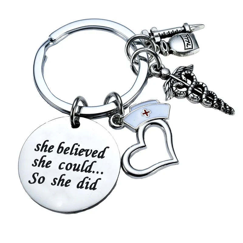 Inspirational Gift For Women Nurse Doctor Stainless Steel Charm Keychain Key Ring Caduceus Cap Jewelry Bag Wallet Chain | Украшения и