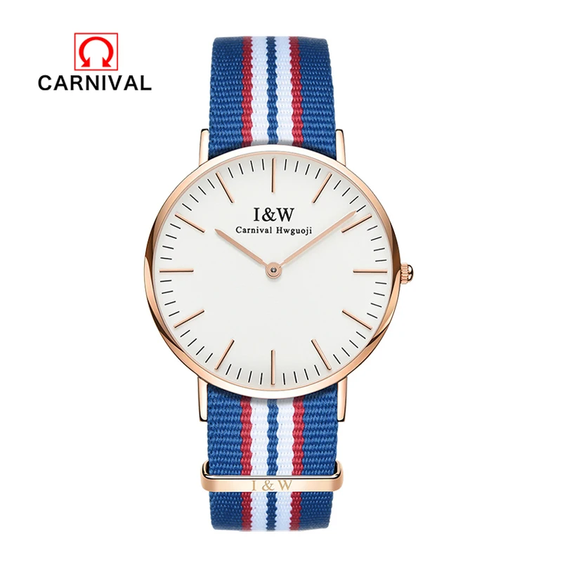 Carnival 2018 new classic brand ladies watch waterproof top brand stainless steel quartz watch blue and red nylon tape watch