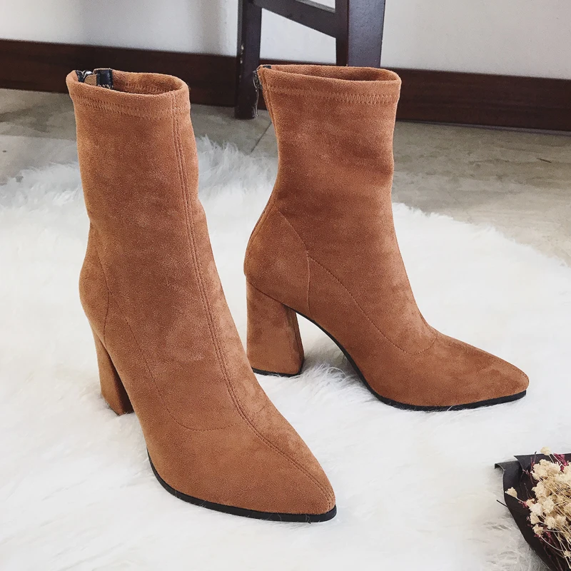 Teahoo/женские носки из искусственной замши Ботильоны на толстом высоком каблуке