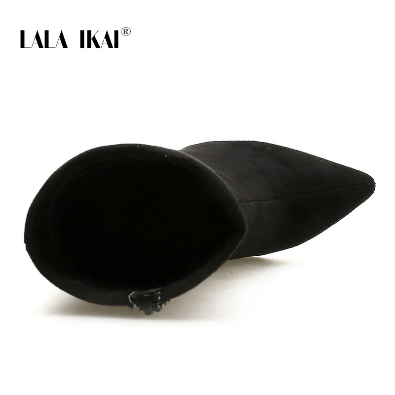 LALA IKAI/женские осенние ботинки до середины икры; обувь черного цвета на очень высоком каблуке с острым носком на молнии; женские ботинки из флока; 014C2726-4