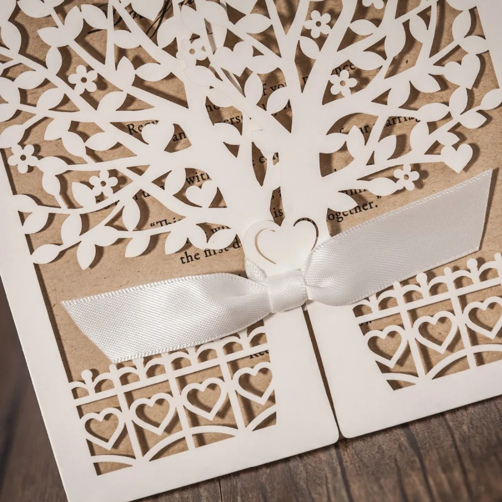 50 шт. Кот лазерная резка свадебные Приглашения карты с деревом и бантом Дизайн