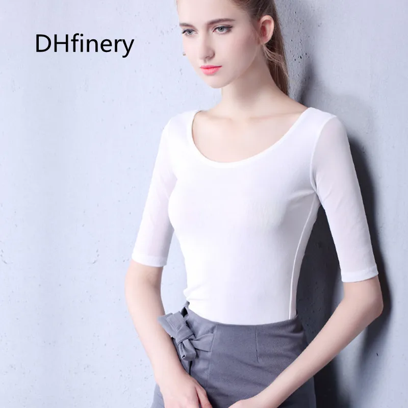 Летняя футболка DHfinery женская тонкая Однотонная с коротким рукавом и круглым