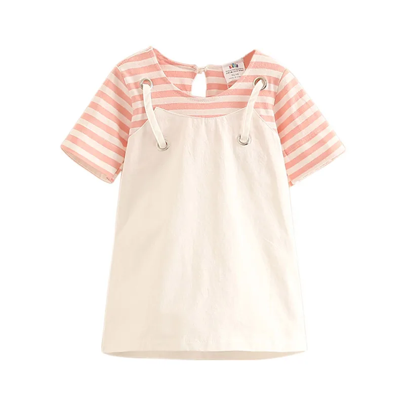 2021 Summer Little Kids Patchwork Short Sleeve Striped Fake Two Pcs Suspenders Dresses For Girls of 2 4 6 8 10 12T Years Old | Детская