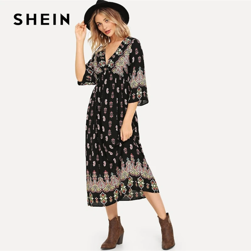 SHEIN Платье С Глубоким Вырезом В Стиле Бохо Длинное V Образным Вырезом|Женские