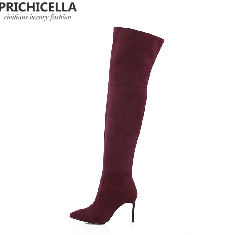 PRICHICELLA 8 см 10 см серый натуральная кожа сапоги выше колена высокие ботинки size34-42