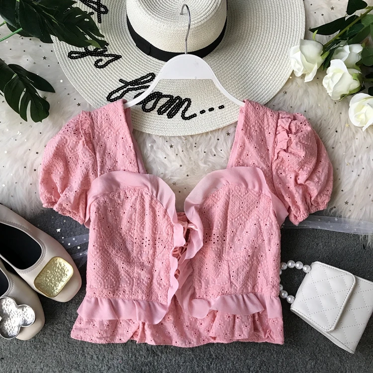 

New Vintage embroidered lace shirt with lotus leaf edge hollow shirt body building navel exposing jacket
