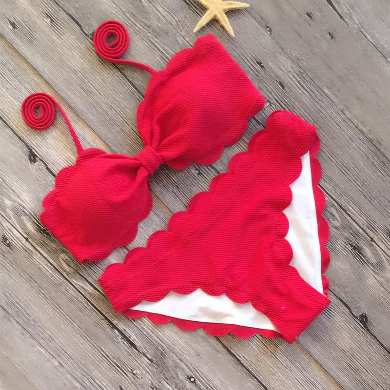Woman Bikini Wave Tailoring Split Swimsuit Candy Color Swimwear With Pad Summer Beachwear Girl Bathing Dress Swim Wear SCL321 | Женская