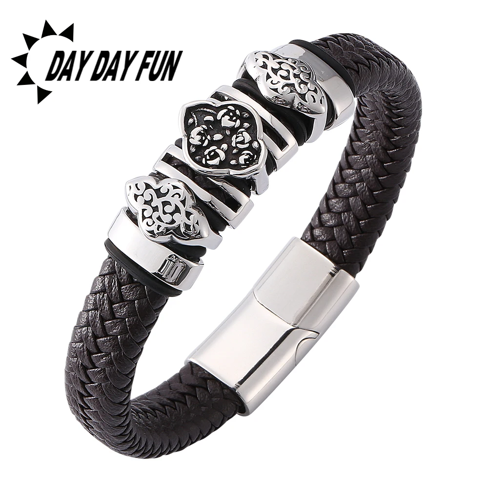 Мужские и женские браслеты из нержавеющей стали коричневые кожаные с цепочкой