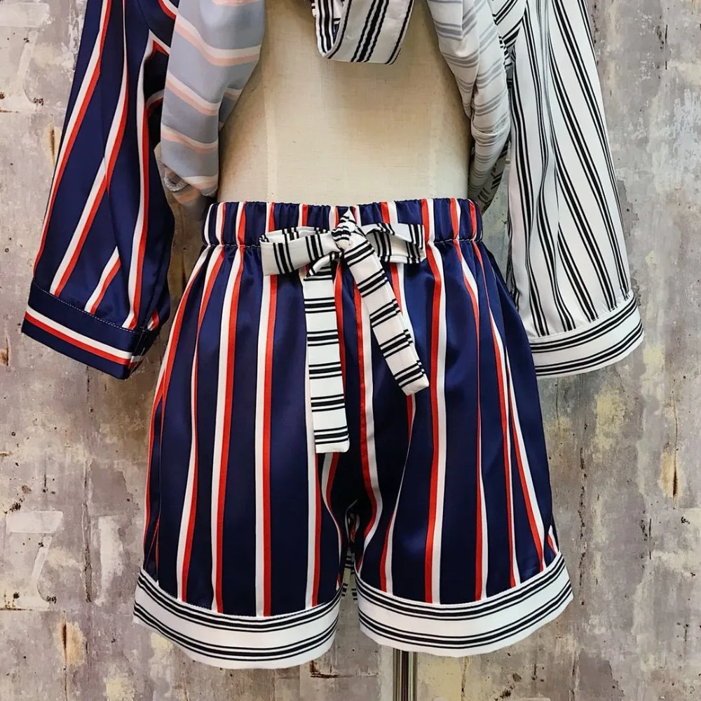 JRMISSLI Summer 2018 Women Pajamas Turn-down Collar Sleepwear Two Piece Set Shirt+Shorts Striped Casual Pajama Sets | Женская одежда