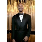 Мужской облегающий костюм с брюками, черный двубортный Свадебный костюм для жениха, для выпускного вечера, 2018