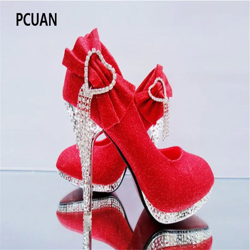 Fashion shiny crystal wedding shoes red bride thin section high heels shallow mouth bridesmaid gold butterfly 9cm | Обувь