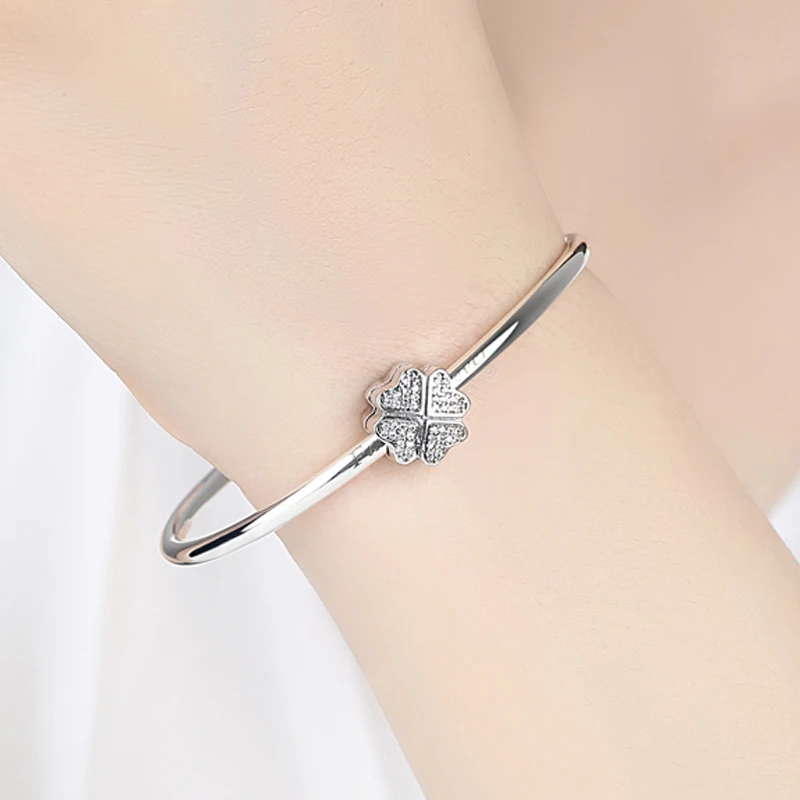 

Authentic 925 Sterling Silver Bead Charm Crystal Clover Flower Safety Lock Stopper Beads Fit Bracelet Bangle DIY Jewelry