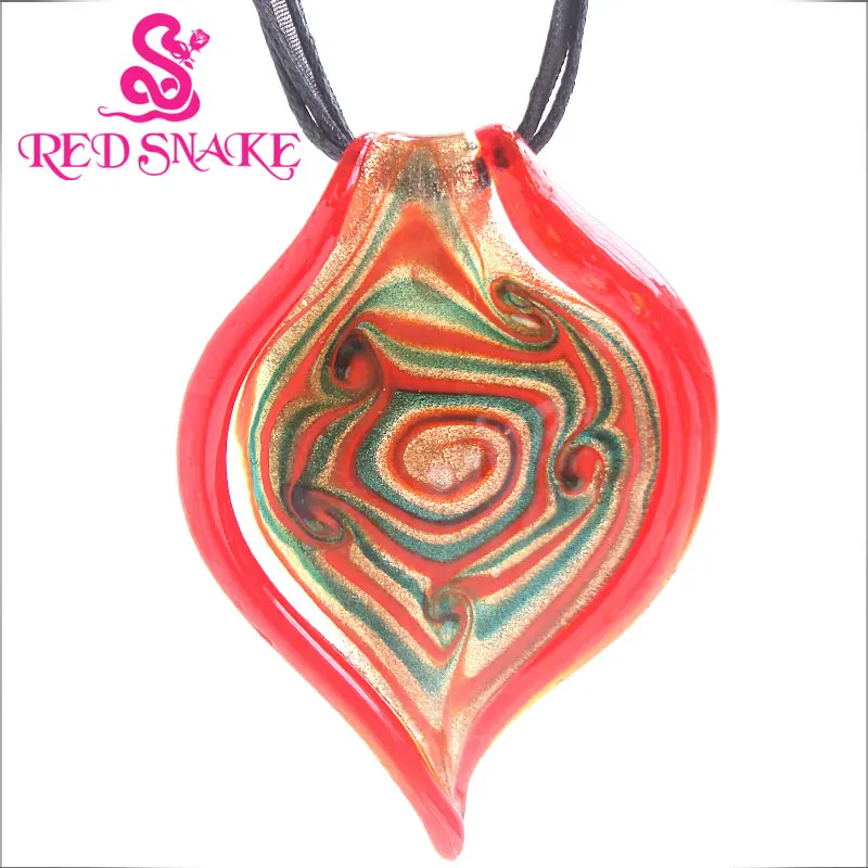 

RED SNAKE Red with green color Leaf Drop Abstract pattern Murano Glass Pendant Necklace