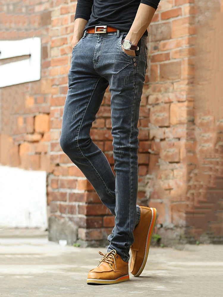 Streetwear Vintage Gray Jeans Bike Men Stretch Denim Pencil Pants Slim fit Ripped Hip hop Skinny Trousers | Мужская одежда
