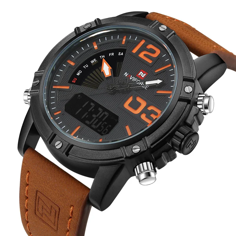 Black Yellow Роскошный бренд NAVIFORCE мужские кожаные военные часы Мужские кварцевые аналоговые светодиодные цифровые спортивные наручные часы relogio masculino - Цвет: Black Yellow