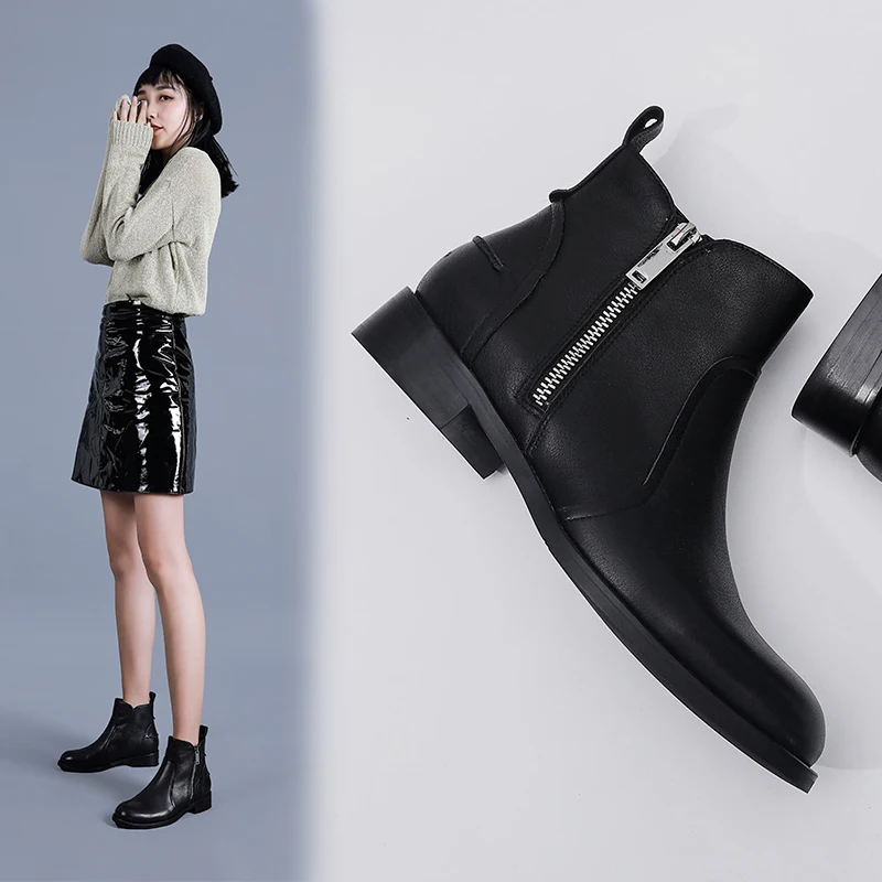 NEMAONE Women Boots Genuine Leather Chelsea Boots Handmade Ankle Boots Brand rouned Toe zipper Ladies Shoes Plush Size 42 43 44
