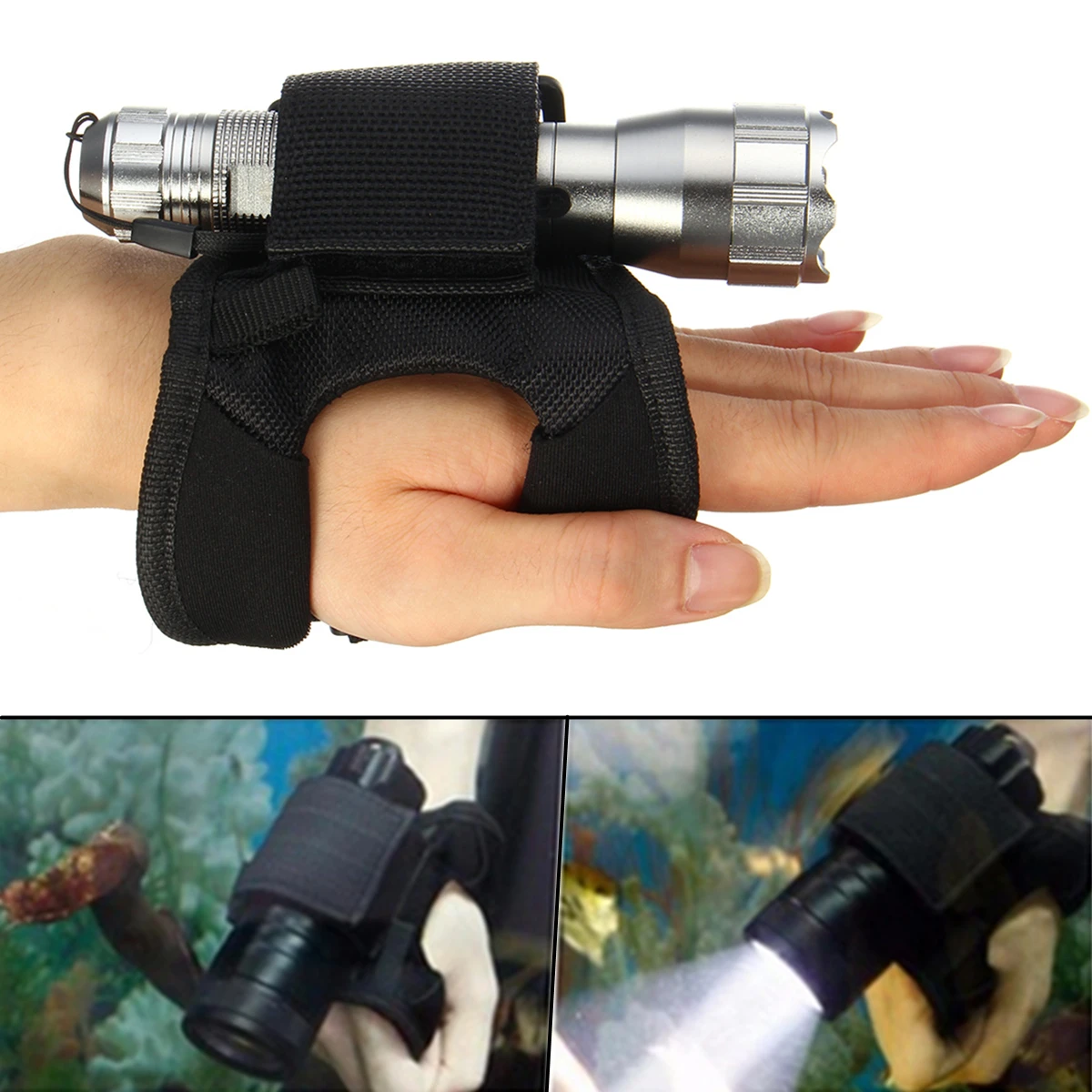 

Jiguoor Nylon Adjustable LED Flashlight Hand Wrist Glove Soft handmount for SCUBA Dive Diving Underwater Led Torch Flashlight