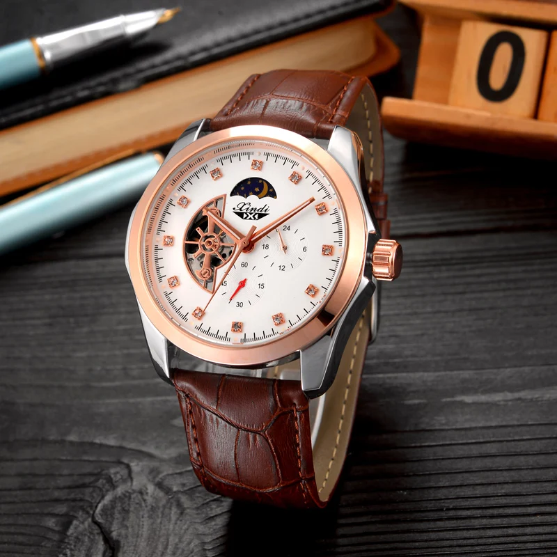 Часы XINDI мужские с кожаным ремешком брендовые автоматические механические