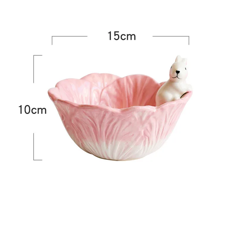 Cute Rabbit Cabbage Ceramic Plate Floral Round Salad Bowl Porcelain Dinner Plate Steak Fruit Tray Decorative Snack Dishes Plate - Цвет: Pink Bowl Rabbit