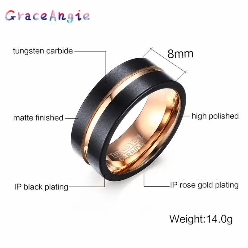 Top Mens Rings Black Pure Tungsten Carbide Wedding Engagement Band Ring for Man Fashion Trendy Jewelry Gift New 8MM bague homme | Украшения