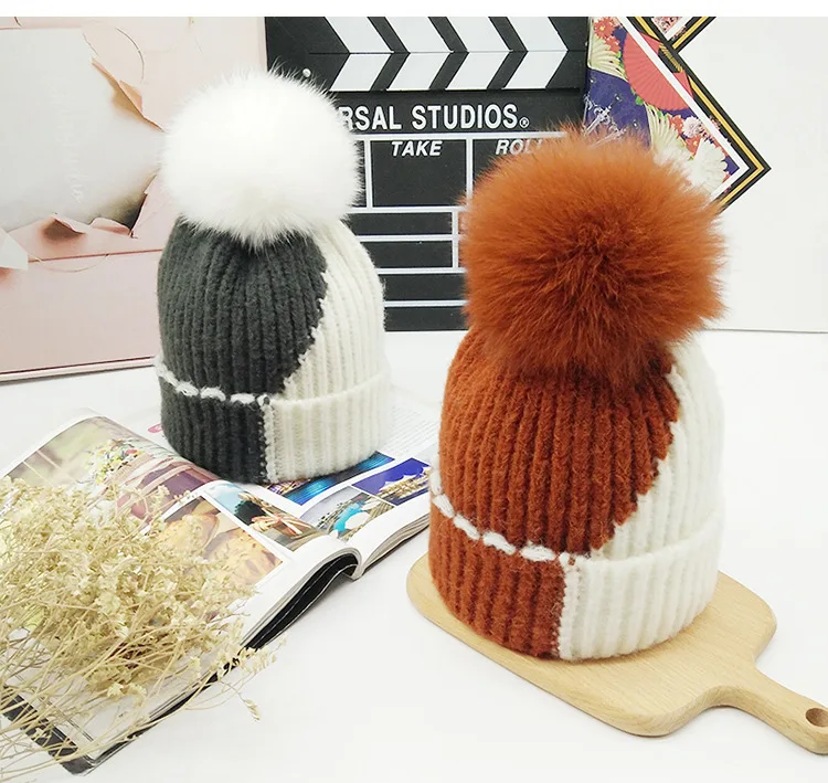 PUNS002 Новая женская зимняя вязаная шапка с помпоном из лисьего меха|fur hat|fur pom pomfox fur