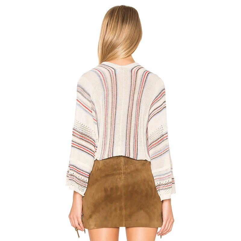 HYH HAOYIHUI Striped Color Block Batwing Sleeve Hollow Out Belt Bow Thin Sweater 2018 New Arrival Casual V-neck Hot | Женская одежда