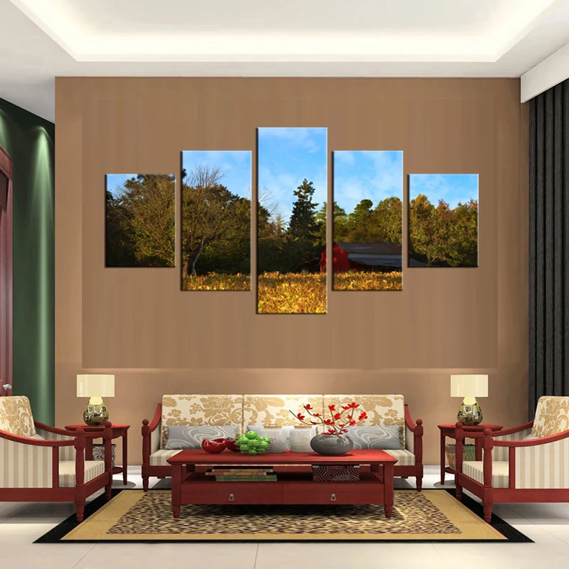 Пятипанельная живопись осеннего дерева с листьями, изображение искусства, декор для дома, постеры для гостиной, печать на большом холсте.