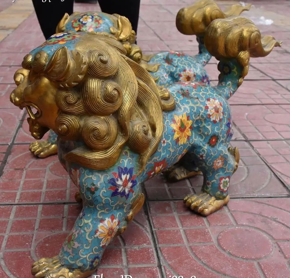 52 см Cloisonne бронза 24K золото позолоченный собака Фу Собака Guardion Лев Пара статуй