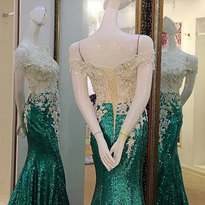 LS41199 Длинные Русалки Пром платья с плеча зашнуровать назад Sequins Кружева Топ