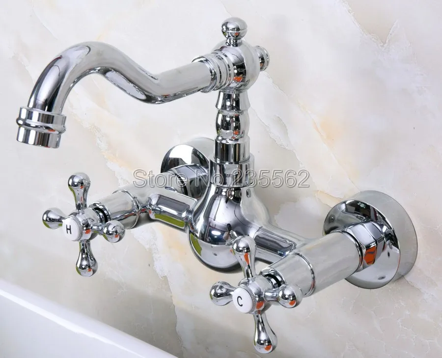 

Polished Chrome Brass Swivel Spout Kitchen Bathroom Basin Vessel Sink Mixer Tap Wall Mount Dual Handle Lnf968