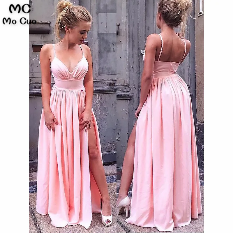 2019 Blush Pink Evening Dresses Spaghetti Straps with Pleat Front Slit Shiny Satin A-Line Formal Party Dress for Women | Свадьбы и
