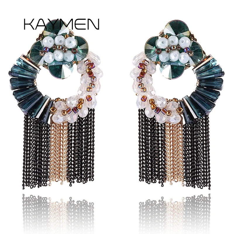 

KAYMEN Beautiful Handmade Crystal Weaving and Chains Tassels Drop Dangle Earrings for Women, Girls, Fashion Statement Earrings