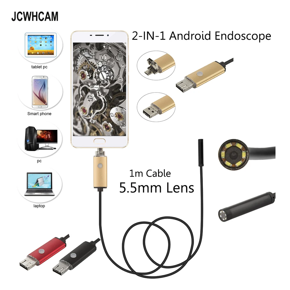 

JCWHCAM Android Endoscope Camera 5.5mm Len Flexible Snake USB Pipe Portable Inspection Micro USB Borescope 6LED Camera 480P