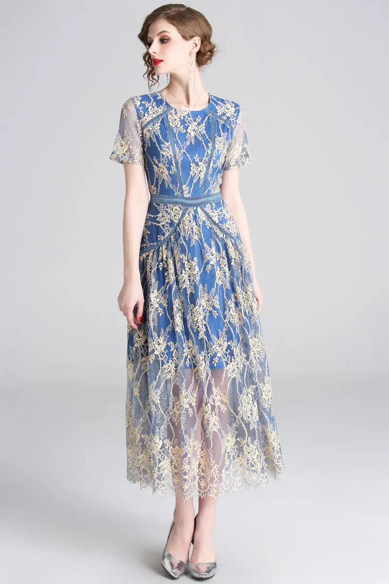 Женское платье с цветочной вышивкой винтажное высокой талией и о-вырезом D94812Z
