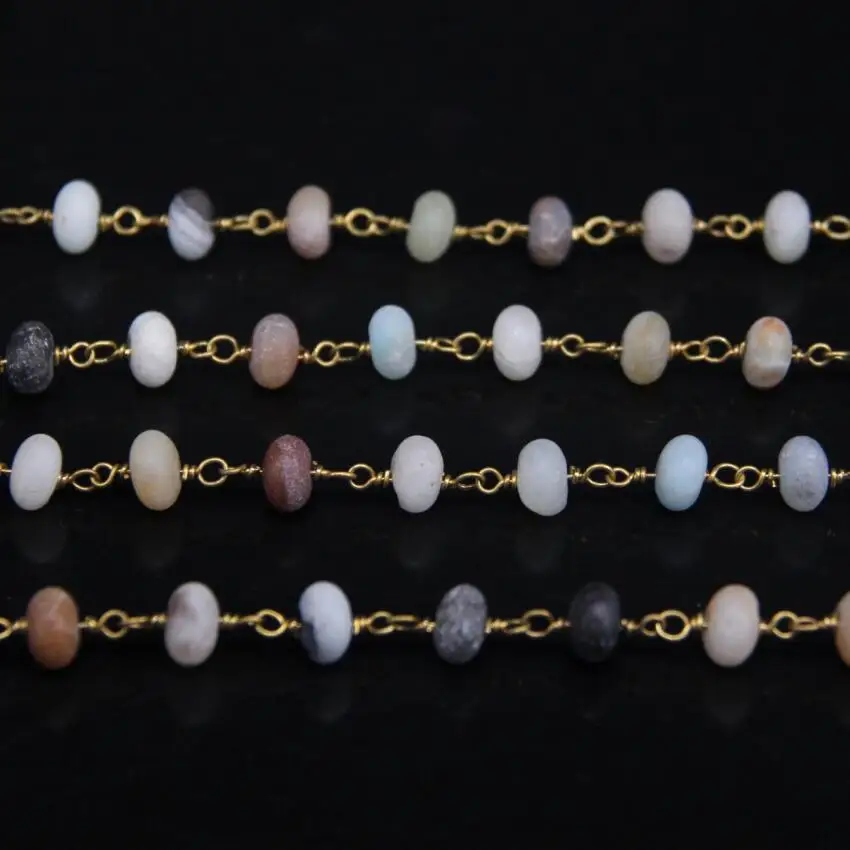 

5x8mm Multicolor Amazonite Matted Rondelle Rosary Chain,Copper Brass Wire Wrapped Mixed Natural Gems bead Chain