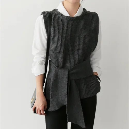 2019 Fall Women Sleeveless Knitting Vest Korean Fashion Bow Ties Designer Waistcoat Sweater |
