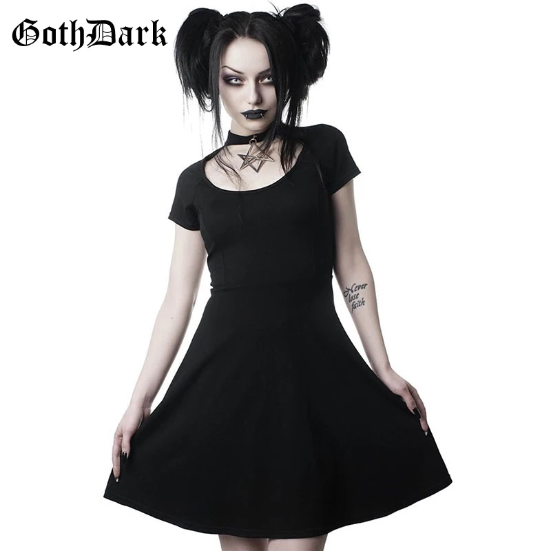 black Женское плиссированное платье Goth Dark, черное готическое летнее платье в стиле гранж-панк с воротником-ошейником и пентаграммой, на молнии - Цвет: black