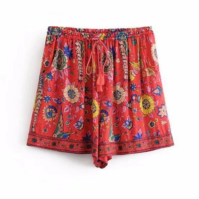 Богемные эластичные штаны с высокой талией и цветочным принтом на шнуровке