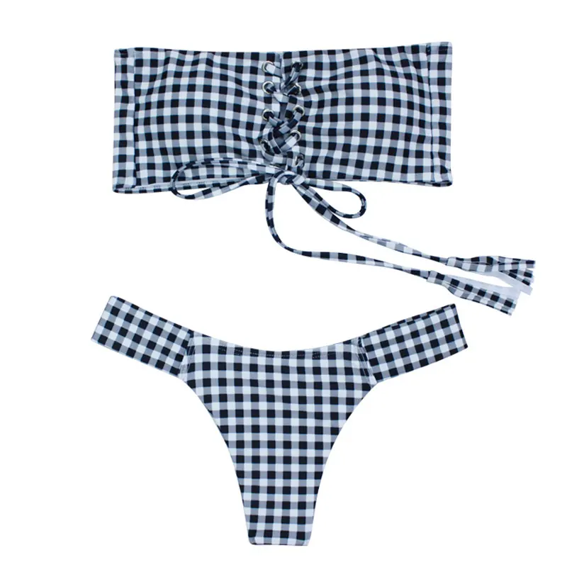 WTCandy New Print Plaid Bandage Bikini String Bandeau Swimsuit Women Sexy Thong Swimwear Bather Biquini May Micro Bathing Suit |